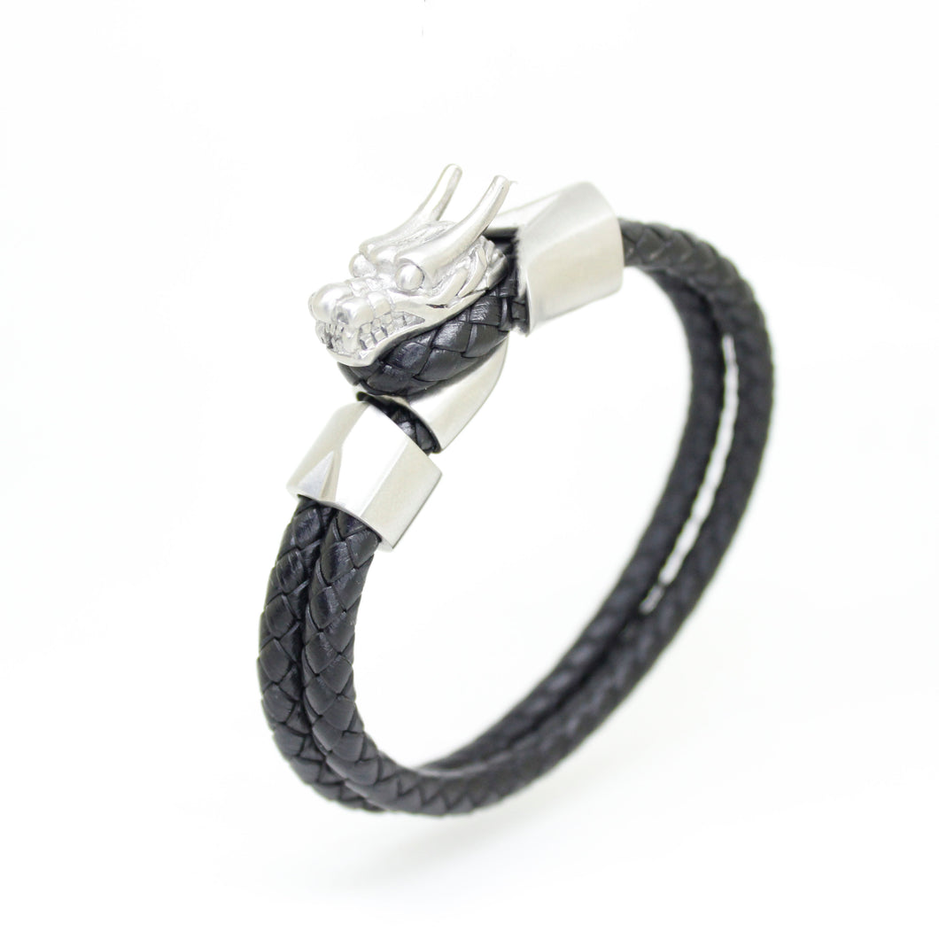 Leather Bracelet Unisex Features a Dragon, Embedded with Magnetic Hematite Stone