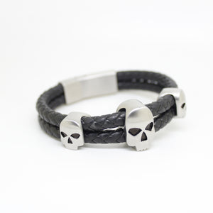 Men's Leather Bracelet Skulls Head With Magnetic Hematite Stone